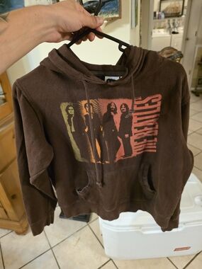 The Beatles Women Crop Pullover Hoodie Graphic Photo Pocket Sz L Brown Y2K